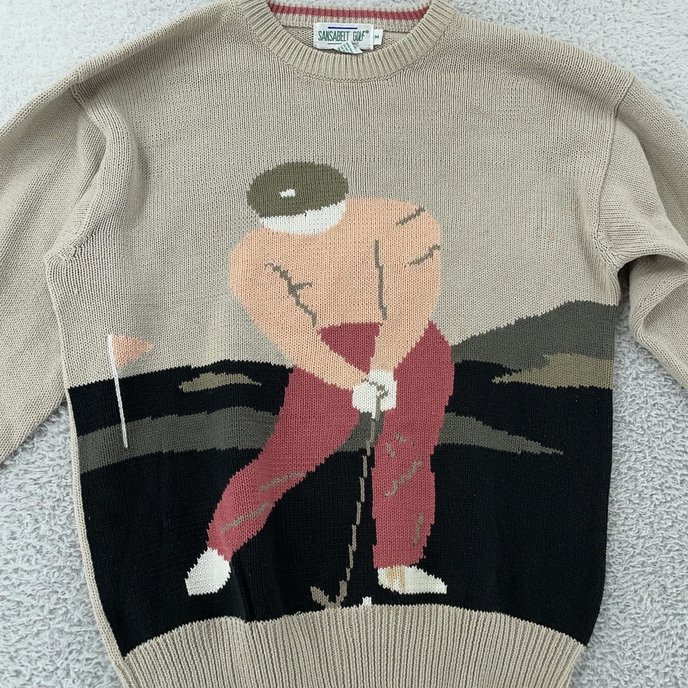 Vintage‎ Sansabelt Golf Sweater Mens Small Tan Crewneck Golfer Intarsia 90s
